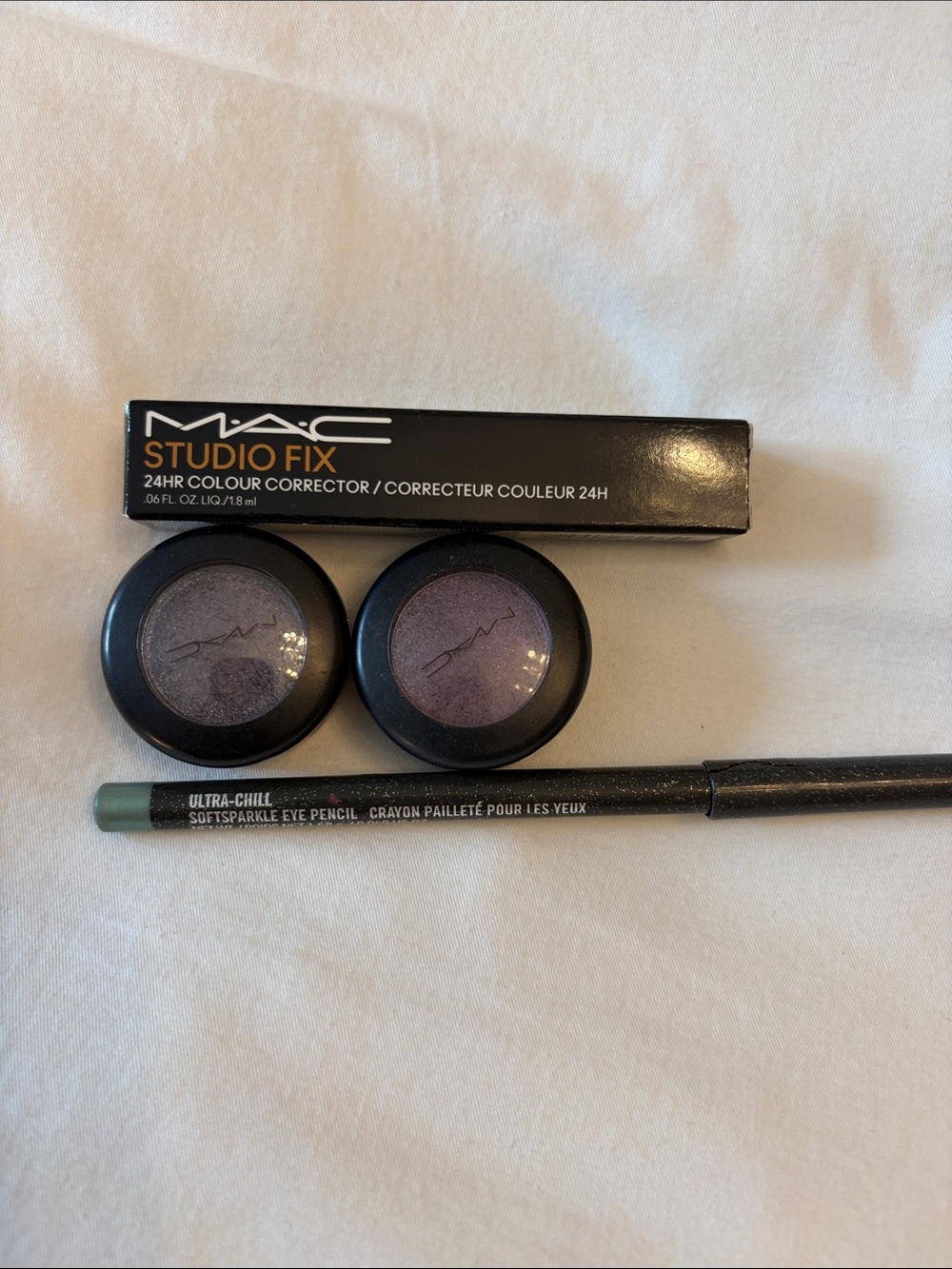 MAC Cosmetics Prep + Prime Fix+ with Purple Eyeshadows and Blue-Tip Eye Pencil